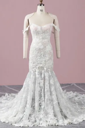 sequinned floral lace off shoulder mermaid wedding gown