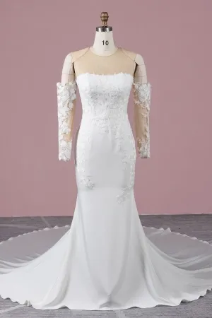 off the shoulder lace and satin mermaid wedding dress