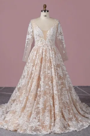 floral lace nude tulle v neck long sleeve bridal dress