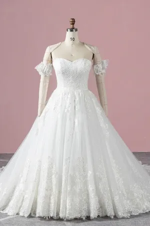 off shoulder sleeve sweetheart winter wedding gown