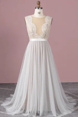 scalloped neck nude lining flowing a line wedding dress