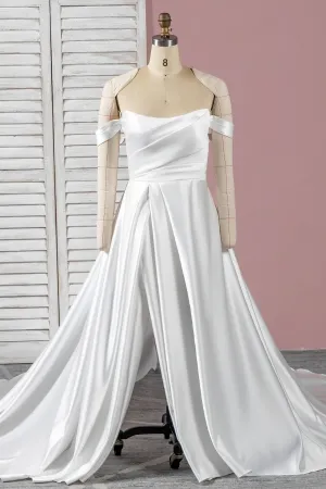 glossy satin off the shoulder draped slit wedding dress