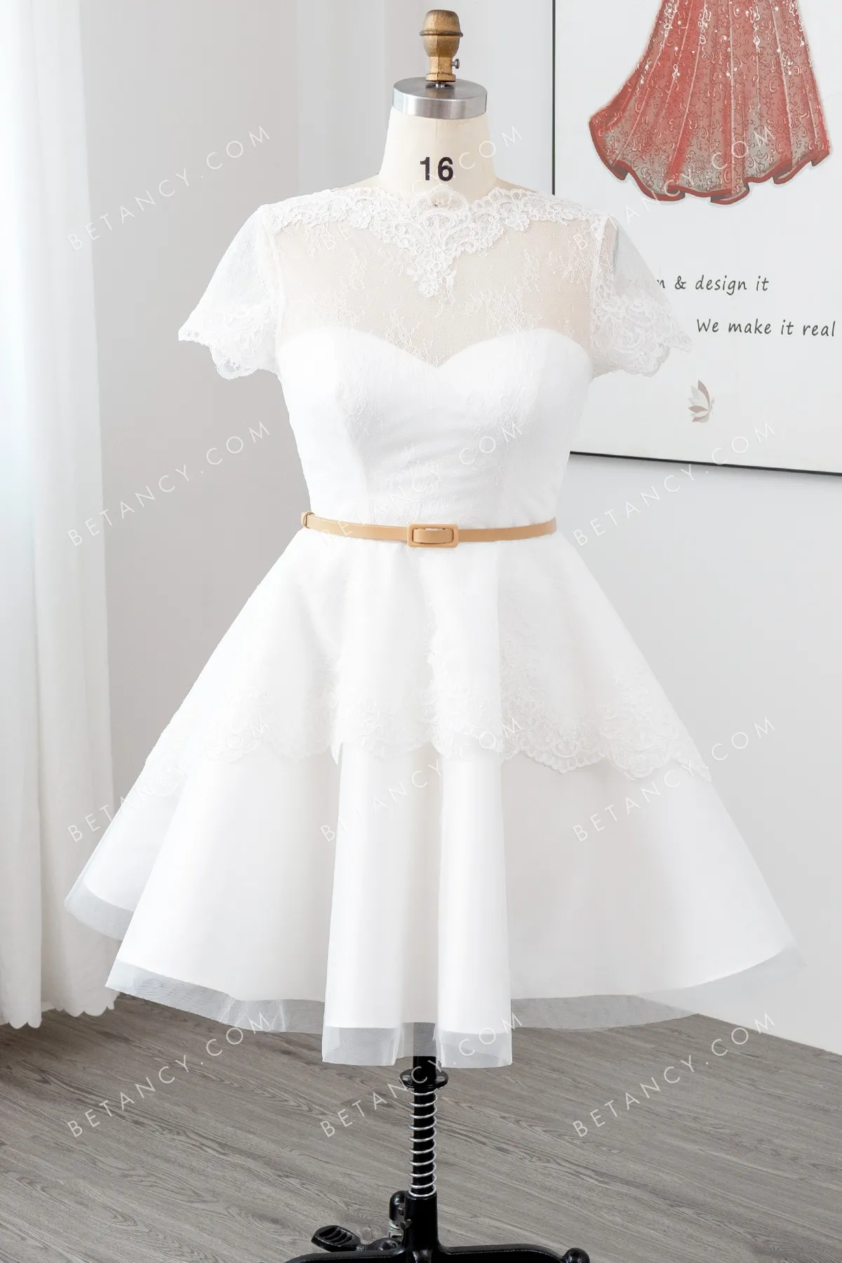 short illusion lace wedding dress with tiered skirt short illusion lace wedding dress with tiered skirt