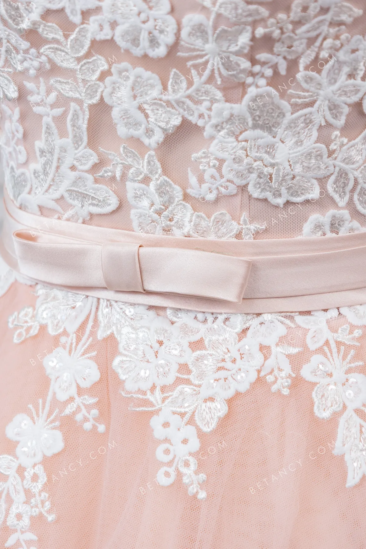 blush tulle underlay with ivory floral lace appliques blush tulle underlay with ivory floral lace appliques