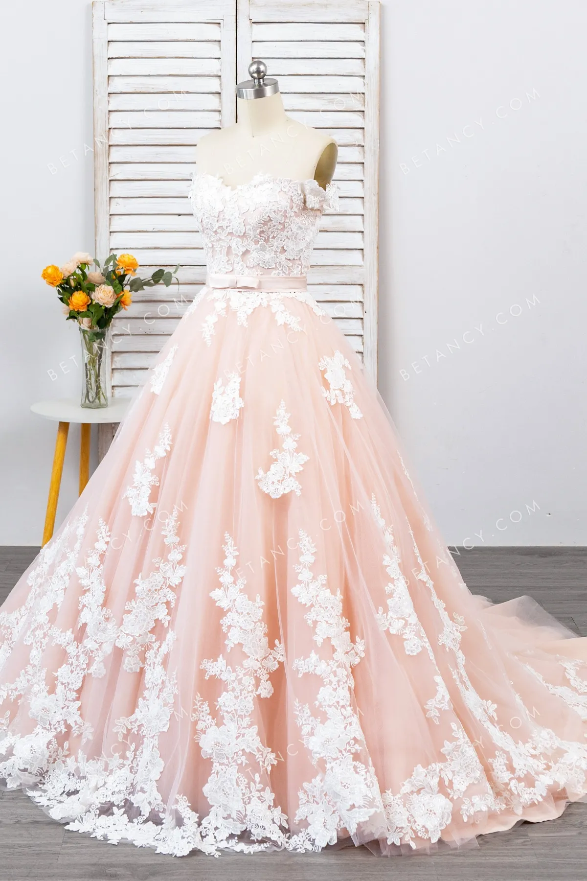 romantic blush off shoulder wedding gown romantic blush off shoulder wedding gown
