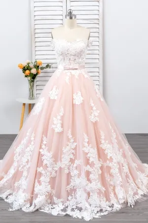 romantic blush off the shoulder lace wedding ball gown