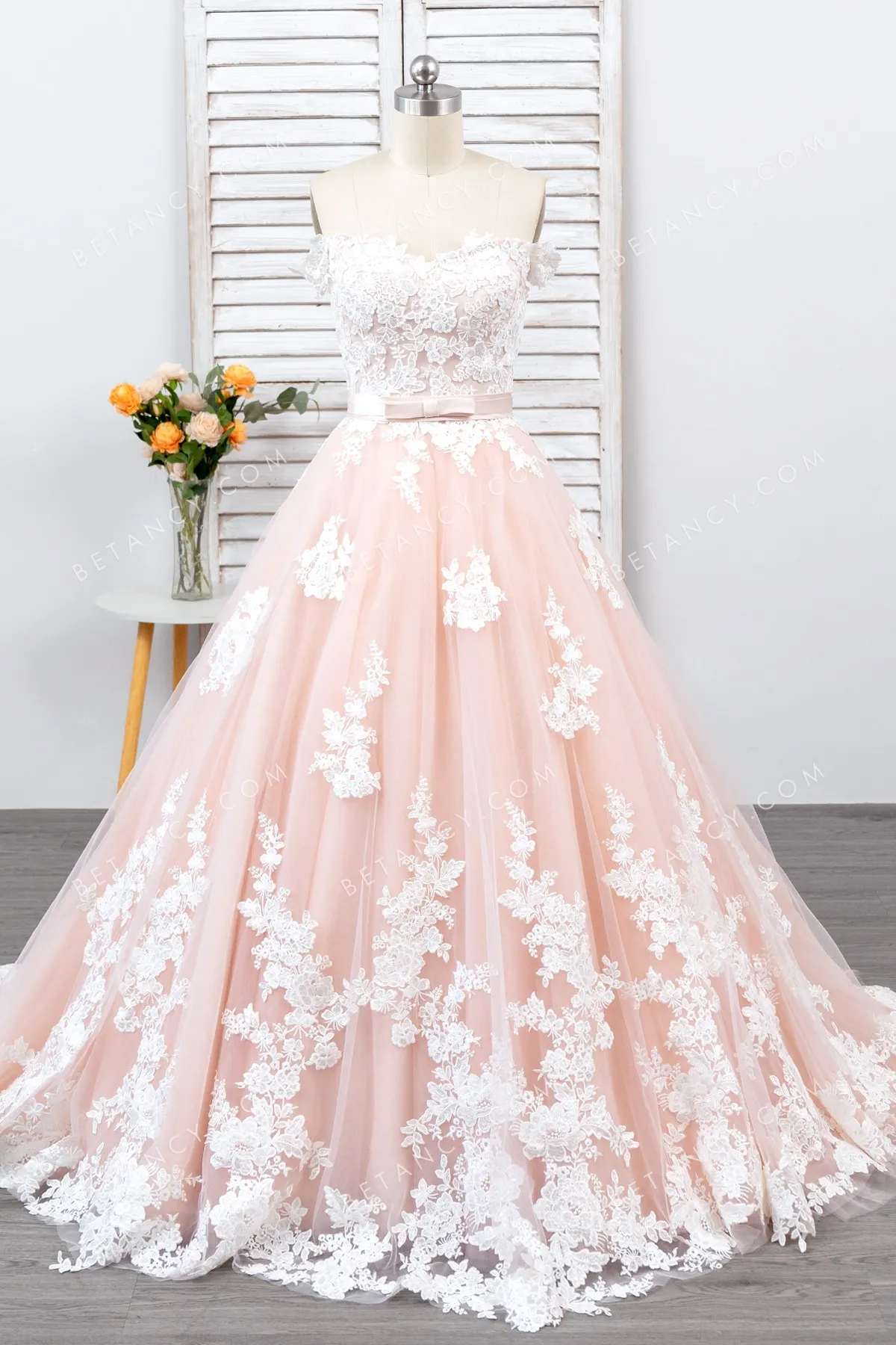 romantic blush off the shoulder lace wedding ball gown romantic blush off the shoulder lace wedding ball gown