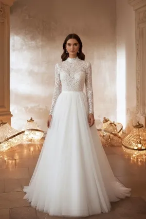 high neck long sleeve lace and tulle wedding dress