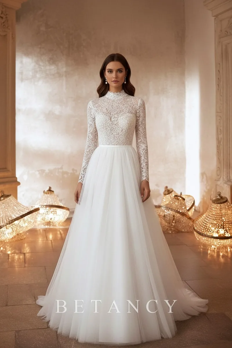 high neck long sleeve lace and tulle wedding dress high neck long sleeve lace and tulle wedding dress